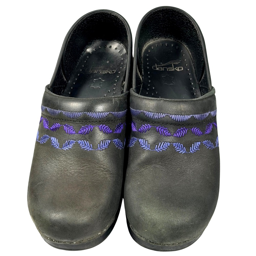 Dansko Clog Womens 38 7.5 8 Black Leather Purple Leaf Embroidered Professional